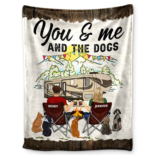 You & Me And The Dog Home Is Where - Gift For Camping Couples - Personalized Fleece Blanket