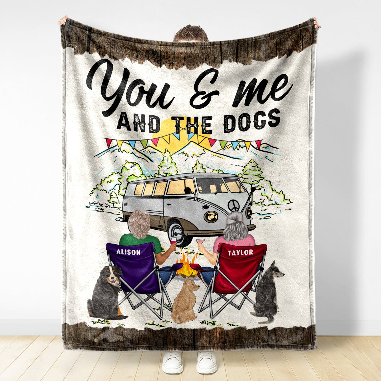 You & Me And The Dog Home Is Where - Gift For Camping Couples - Personalized Fleece Blanket