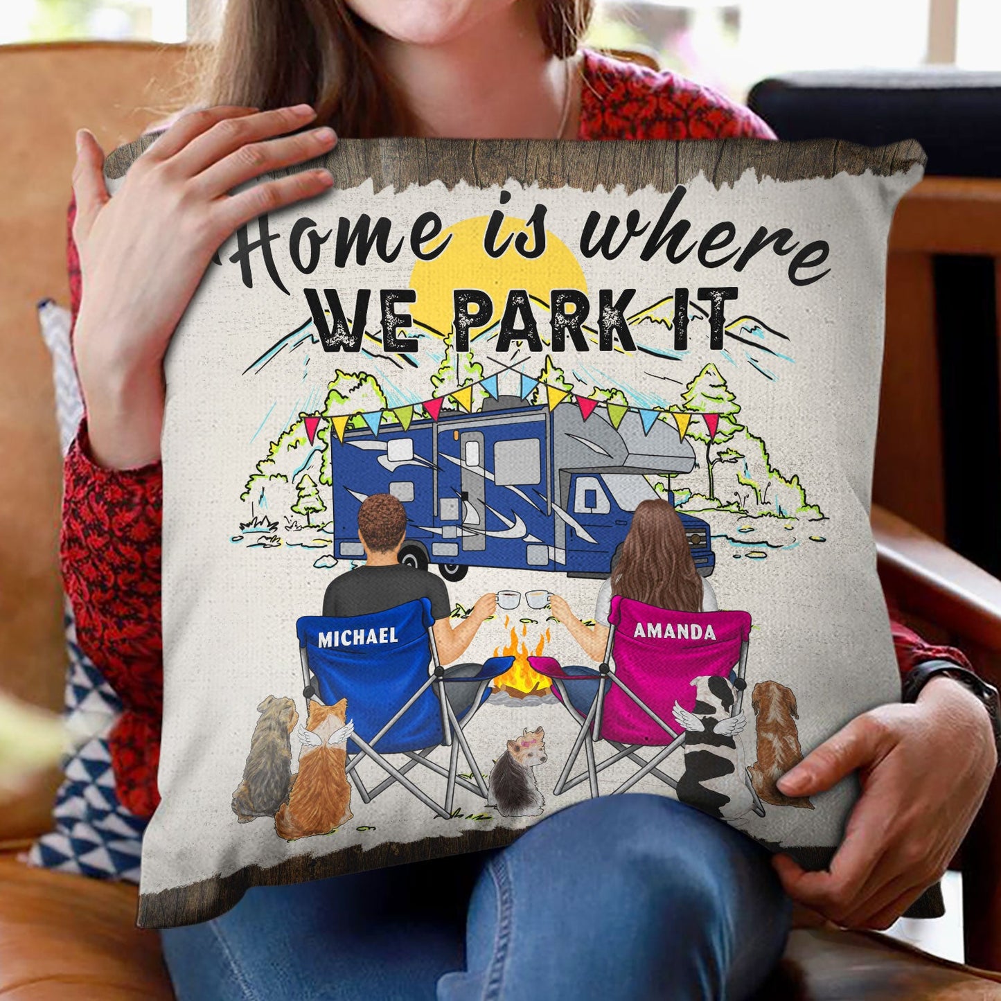 You & Me And The Dog Home Is Where - Gift For Camping Couples - Personalized Pillow