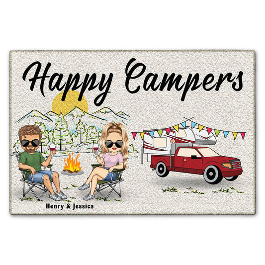 Happy Campers Chibi Couple - Gift For Camping Lovers - Personalized Doormat