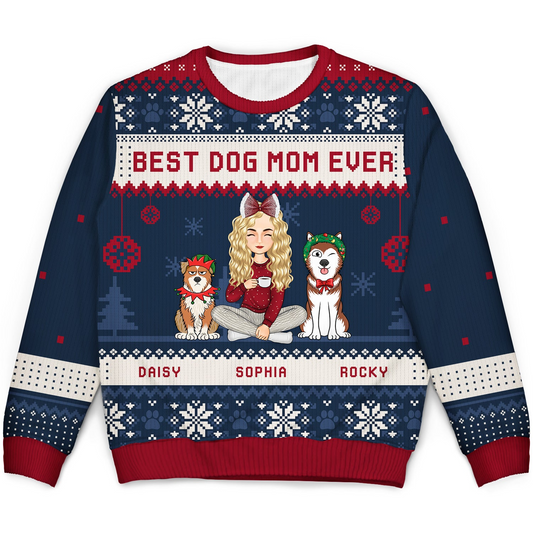 Best Dog Mom Ever Cartoon Style - Christmas Gift For Dog Lovers - Personalized Unisex Ugly Sweater