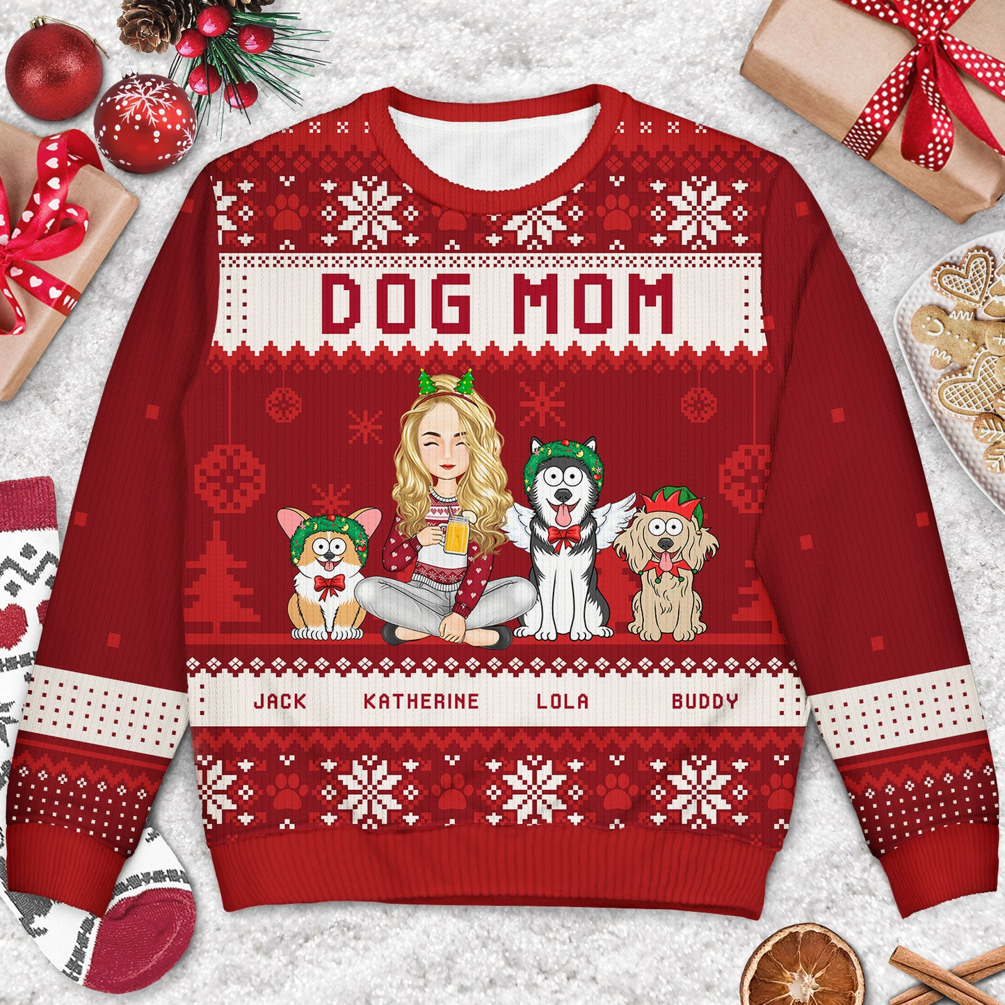 Best Dog Mom Ever Cartoon Style - Christmas Gift For Dog Lovers - Personalized Unisex Ugly Sweater