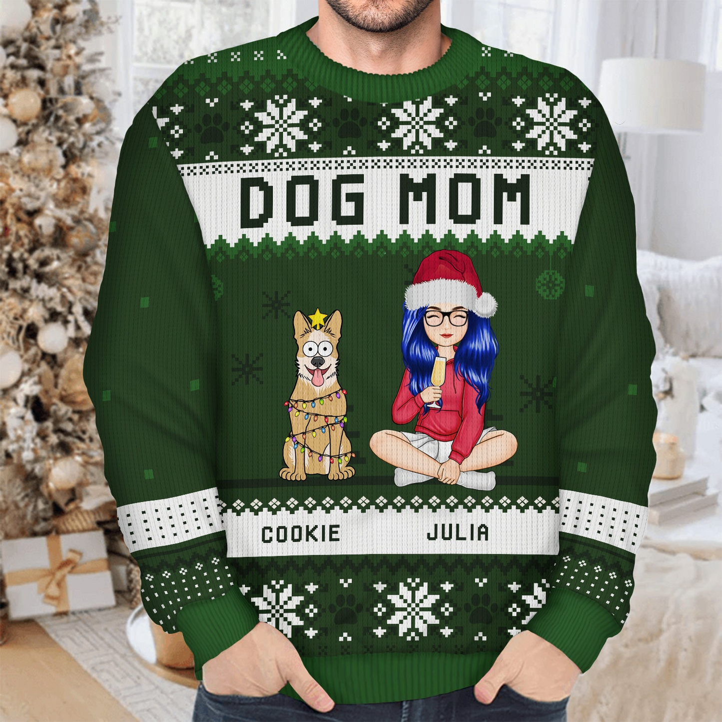 Best Dog Mom Ever Cartoon Style - Christmas Gift For Dog Lovers - Personalized Unisex Ugly Sweater