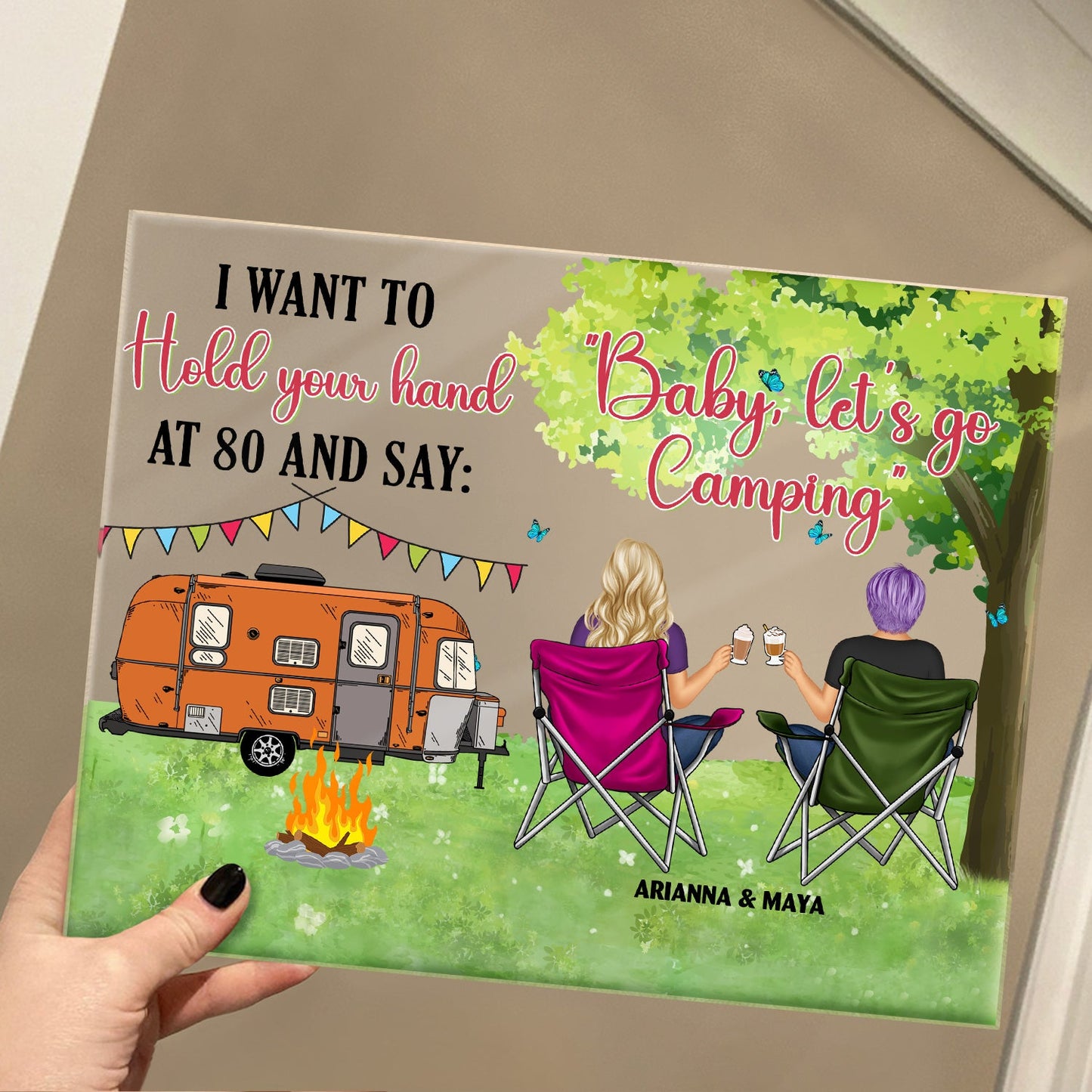 Hold Your Hand At 80 - Gift For Camping Couples - Personalized Horizontal Rectangle Acrylic Plaque