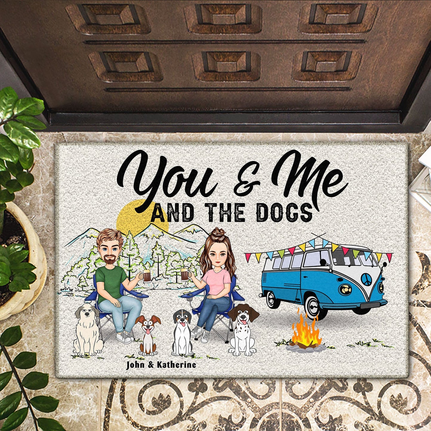 You And Me And The Dog Home Is Where Cartoon - Gift For Camping Lovers, Dog Couples - Personalized Doormat