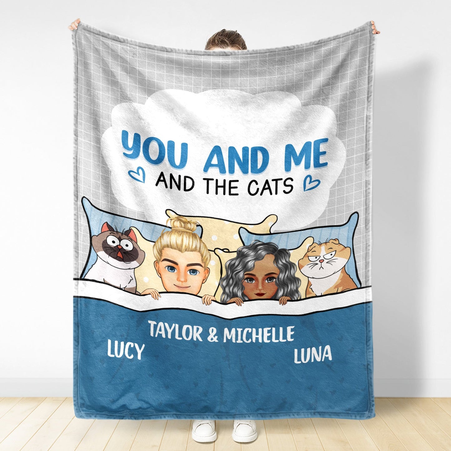 You And Me And The Fur Babies Cartoon - Gift For Pet Couples - Personalized Fleece Blanket, Sherpa Blanket