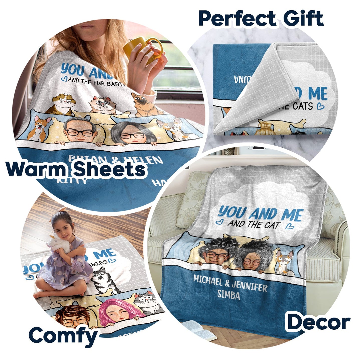 You And Me And The Fur Babies Cartoon - Gift For Pet Couples - Personalized Fleece Blanket, Sherpa Blanket