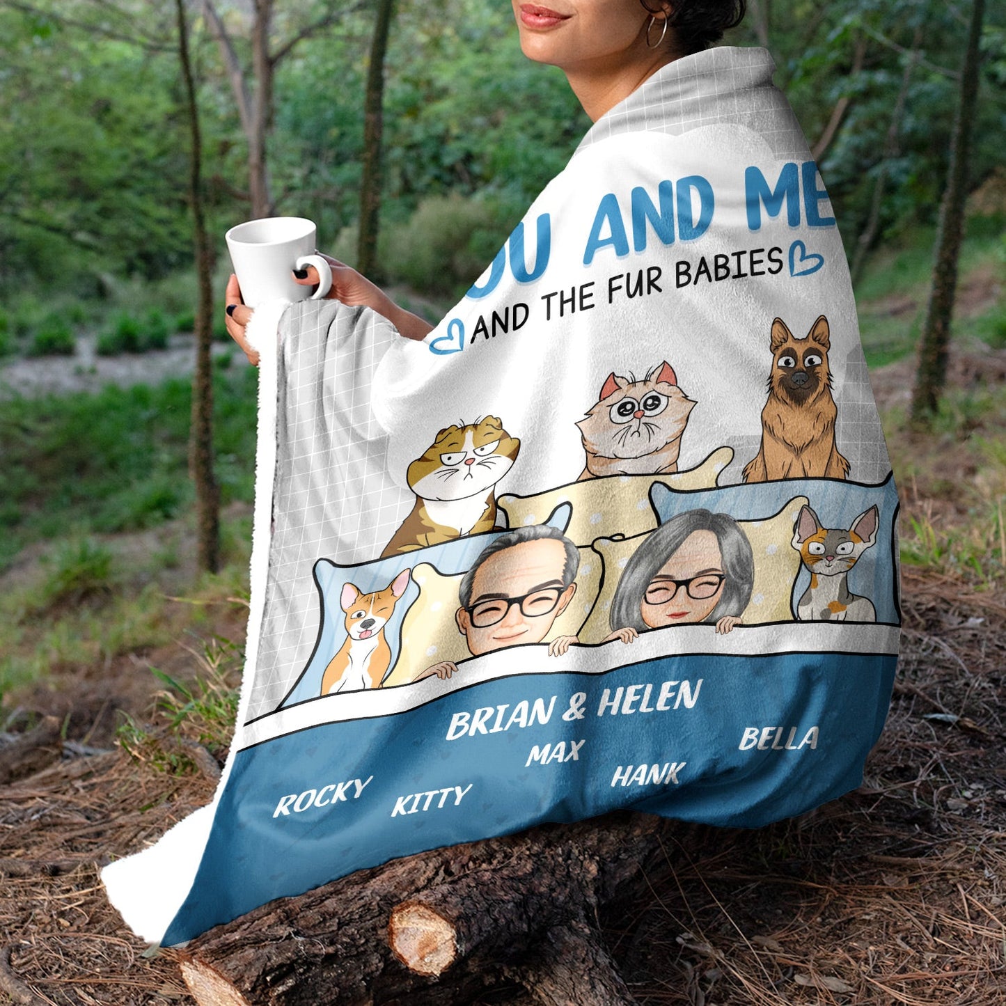 You And Me And The Fur Babies Cartoon - Gift For Pet Couples - Personalized Fleece Blanket, Sherpa Blanket
