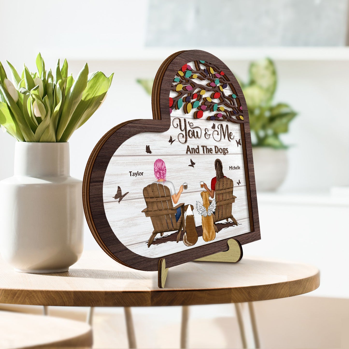 You And Me And The Fur Babies - Gift For Pet Couples - Personalized 2-Layered Wooden Plaque With Stand