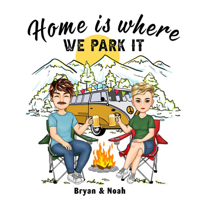 Home Is Where We Park It Cartoon - Gift For Camping Couples - Personalized Camping Decal, Decor Decal