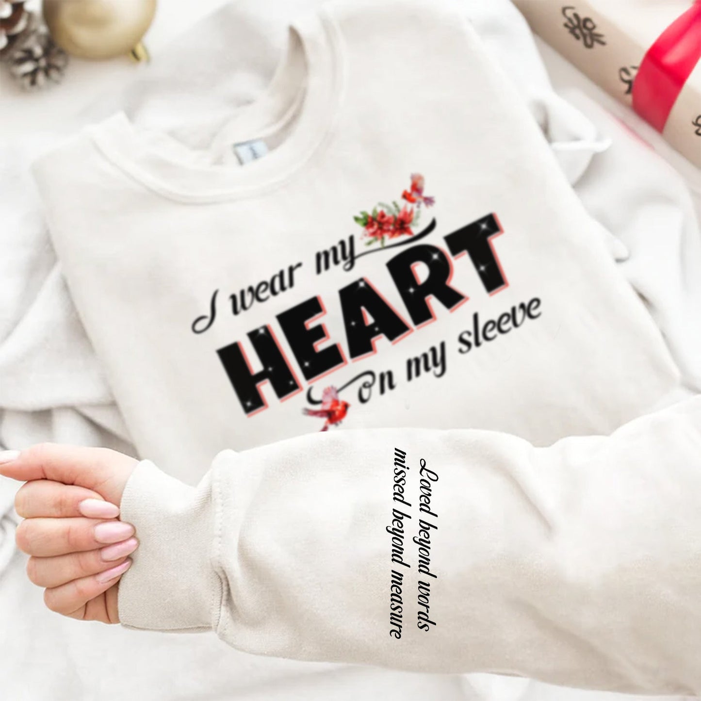 Custom Photo Wear My Heart On My Sleeve - Memorial, Sympathy Gift - Personalized Unisex Sweatshirt With Design On Sleeve