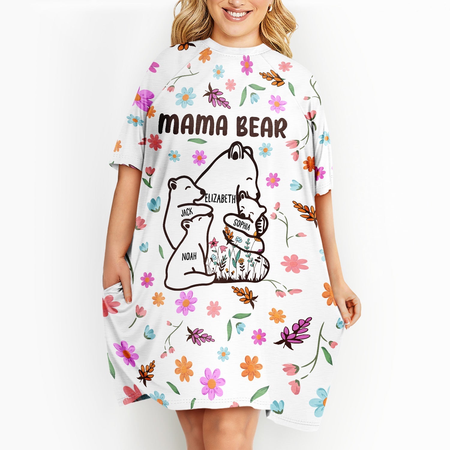 Mama Bear Floral Style - Birthday, Loving Gift For Mom, Mother, Grandma, Grandmother - Personalized Women's Sleep Tee