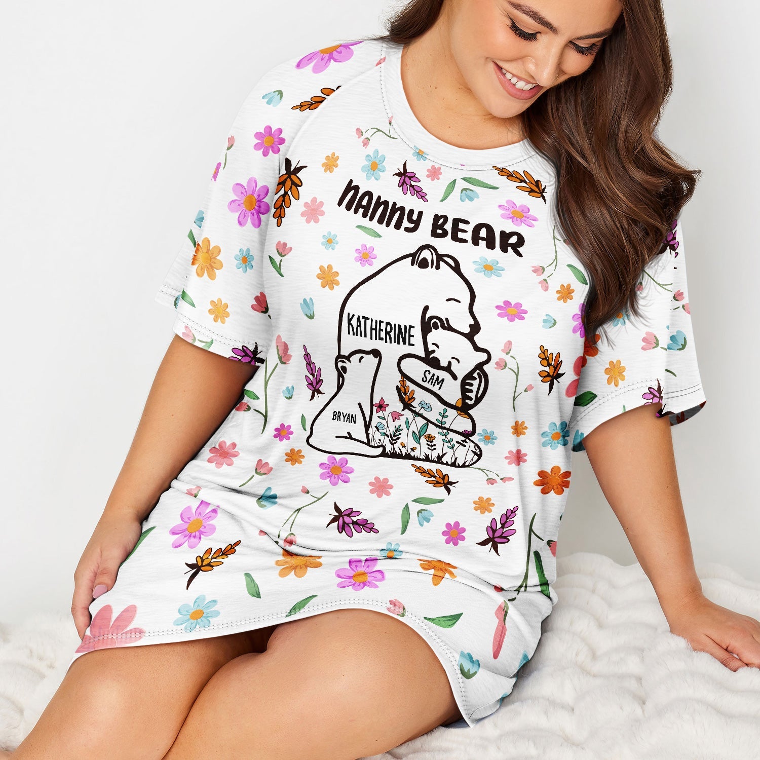 Mama Bear Floral Style - Birthday, Loving Gift For Mom, Mother, Grandma, Grandmother - Personalized Women's Sleep Tee