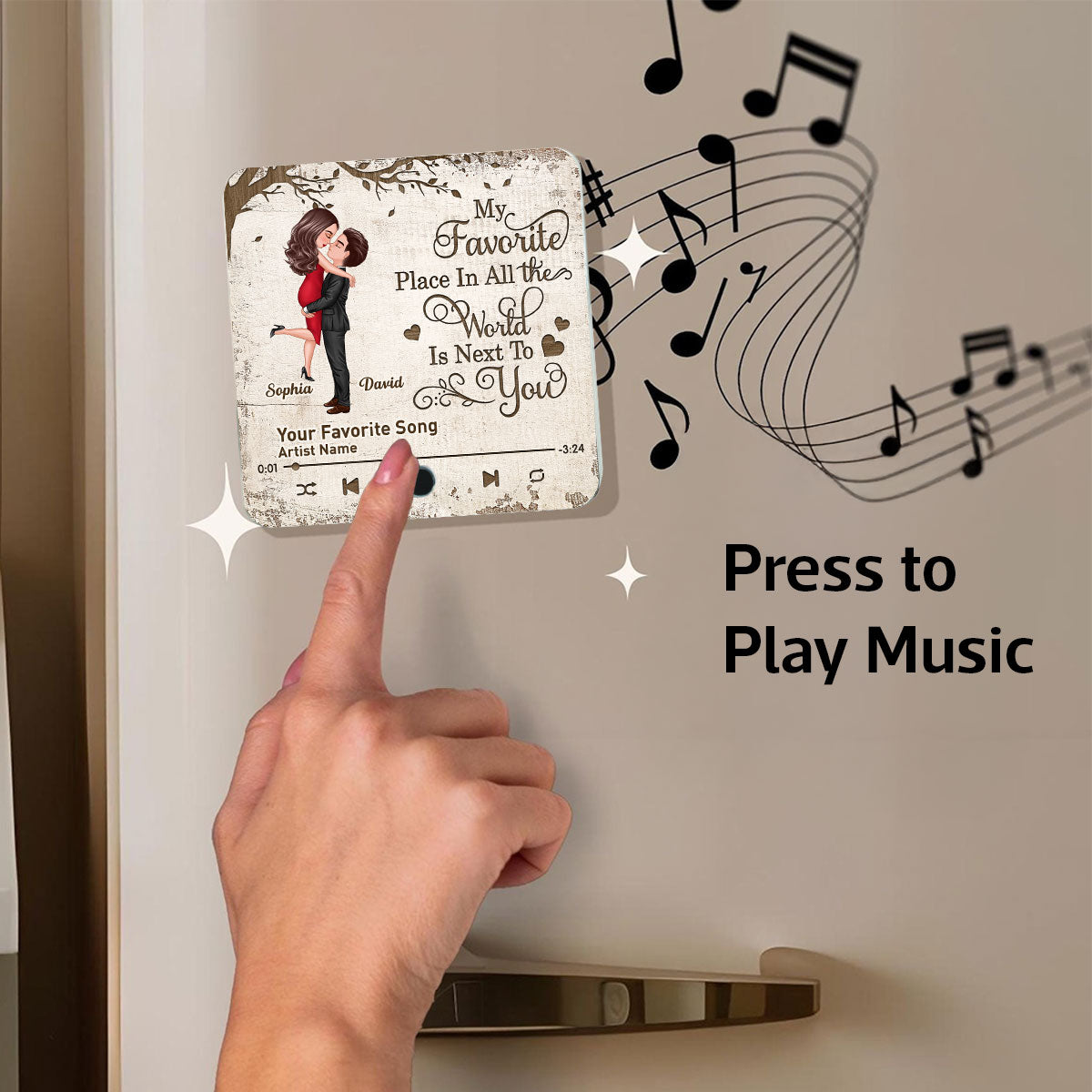 Favorite Place In The World Couple Hugging Kissing Personalized Music Fridge Magnet, Gift For Him, For Her, For Valentine's Day