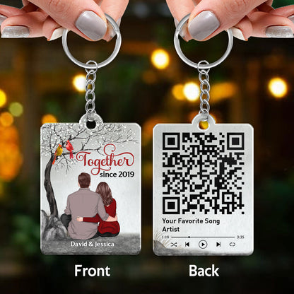 Back View Couple Sitting Under Blossom Tree Cardinals Favorite Song Scannable QR Code Personalized Acrylic Keychain