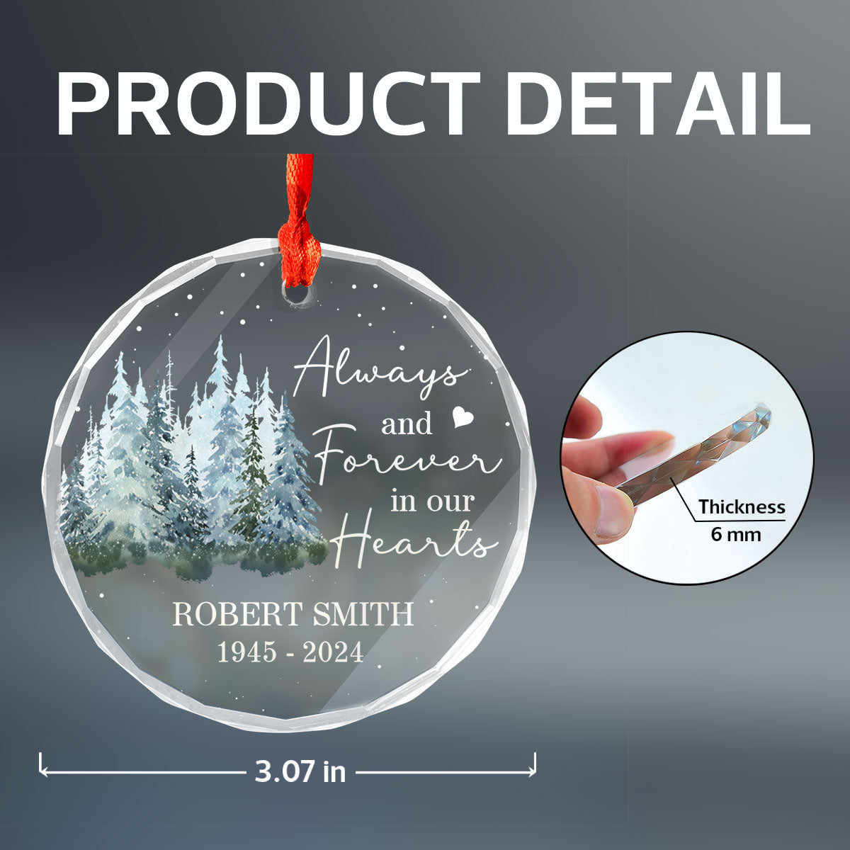Always And Forever In Our Hearts Memorial Keepsake Personalized Glass Ornament