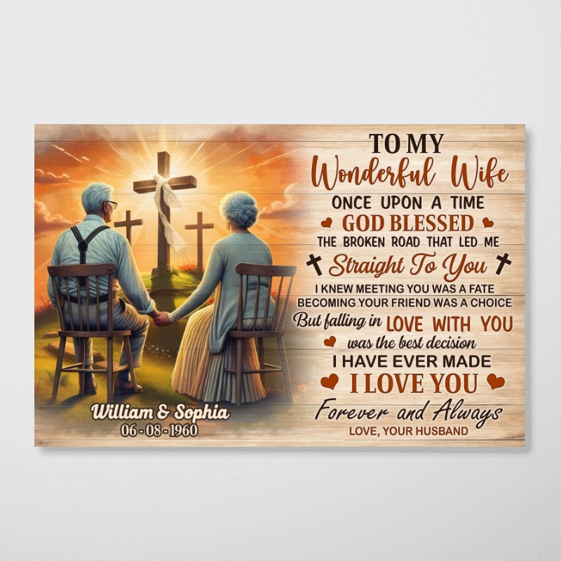 Cross God Gave Me You Old Couple Sitting Personalized Poster, Anniversary Valentine's Day Gift For Him, Her, Husband, Wife