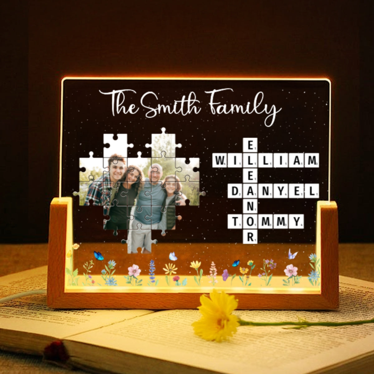 Family Crossword Puzzle Photo Uploaded Personalized U-Base Acrylic LED Night Light, Gift for Mom, Dad, Grandma