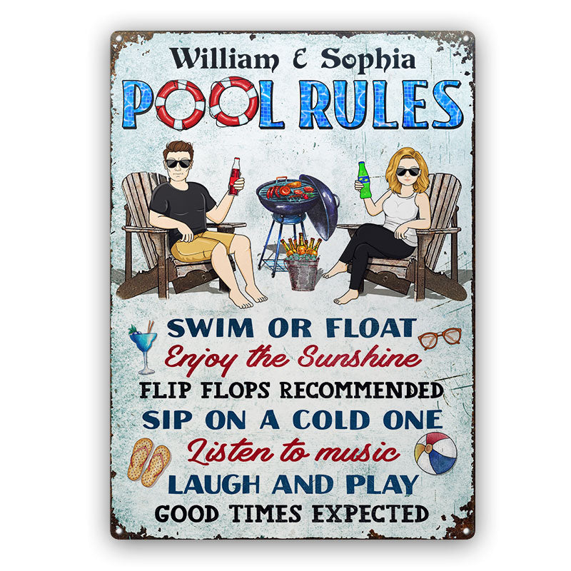 Pool Rules Swim Or Float Grilling Couple Husband Wife - Backyard Sign - Personalized Custom Classic Metal Signs