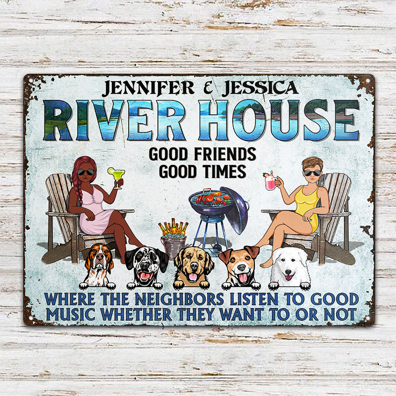 Poolside Grilling Listen To The Good Music Couple Husband Wife Dog Lovers - Backyard Sign - Personalized Custom Classic Metal Signs