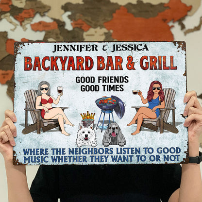 Poolside Grilling Listen To The Good Music Couple Husband Wife Dog Lovers - Backyard Sign - Personalized Custom Classic Metal Signs