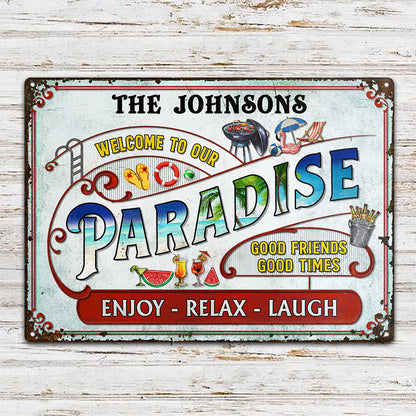 Poolside Grilling Listen To The Good Music Couple Family - Backyard Sign - Personalized Custom Classic Metal Signs