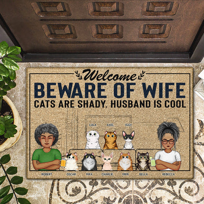 Welcome Beware Of Wife Dogs Cats Are Shady Husband Is Cool - Gift For Couples And Family - Personalized Custom Doormat