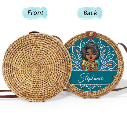 Mandala Girl - Gift For Her, Travel Lovers - Personalized Custom Round Rattan Bag
