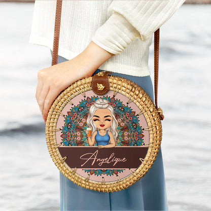 Mandala Girl - Gift For Her, Travel Lovers - Personalized Custom Round Rattan Bag