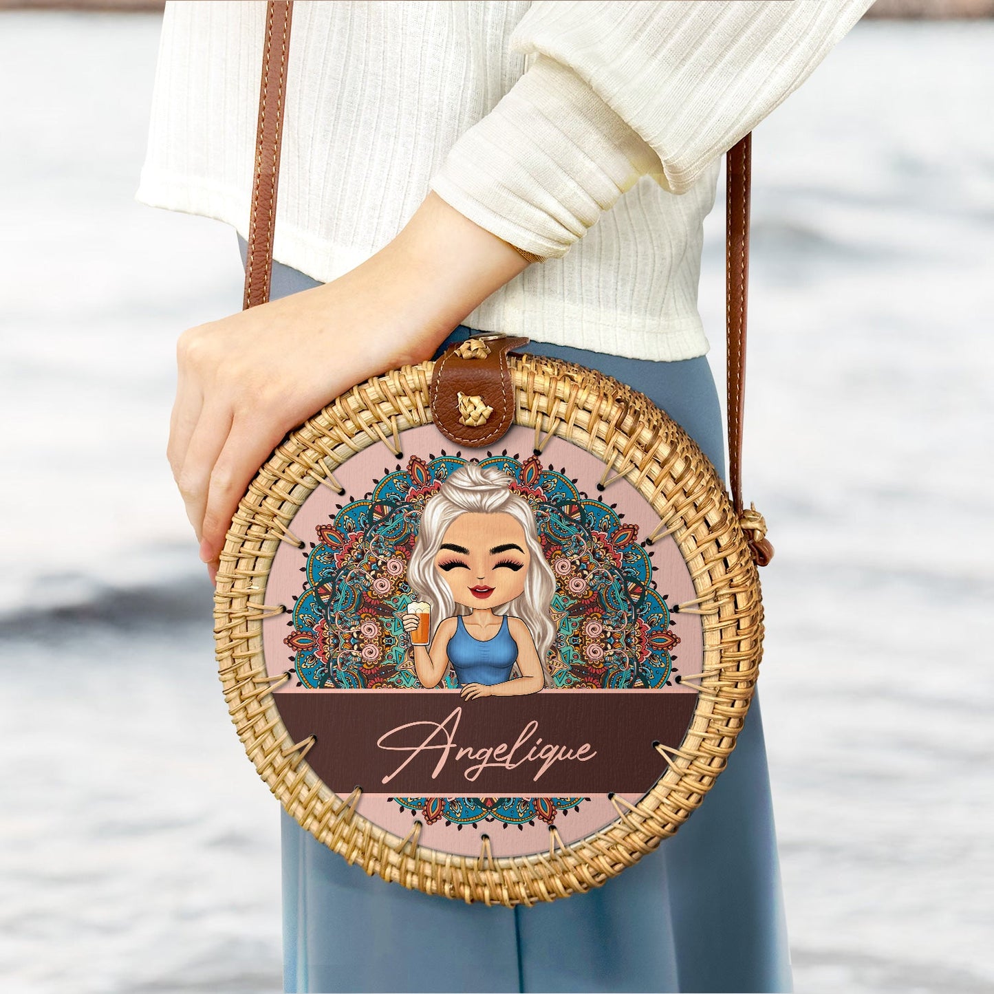 Mandala Girl - Gift For Her, Travel Lovers - Personalized Custom Round Rattan Bag