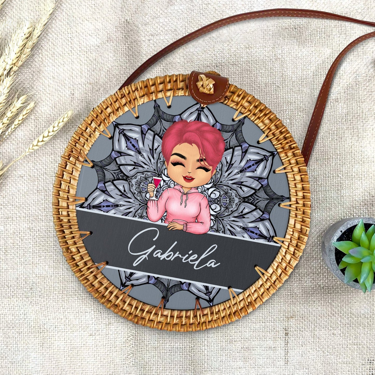 Mandala Girl - Gift For Her, Travel Lovers - Personalized Custom Round Rattan Bag