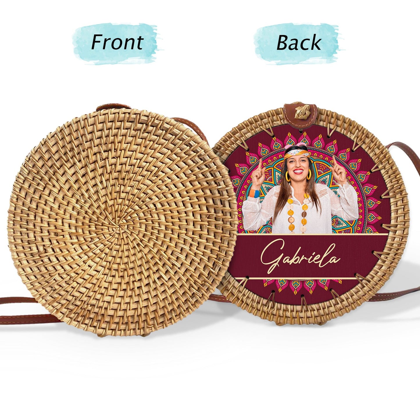 Custom Photo Mandala Hippie Girl - Gift For Her, Travel Lovers - Personalized Custom Round Rattan Bag
