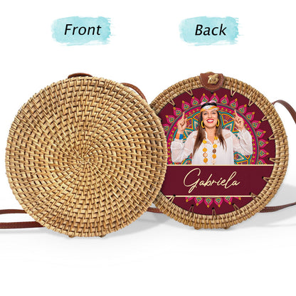 Custom Photo Mandala Hippie Girl - Gift For Her, Travel Lovers - Personalized Custom Round Rattan Bag
