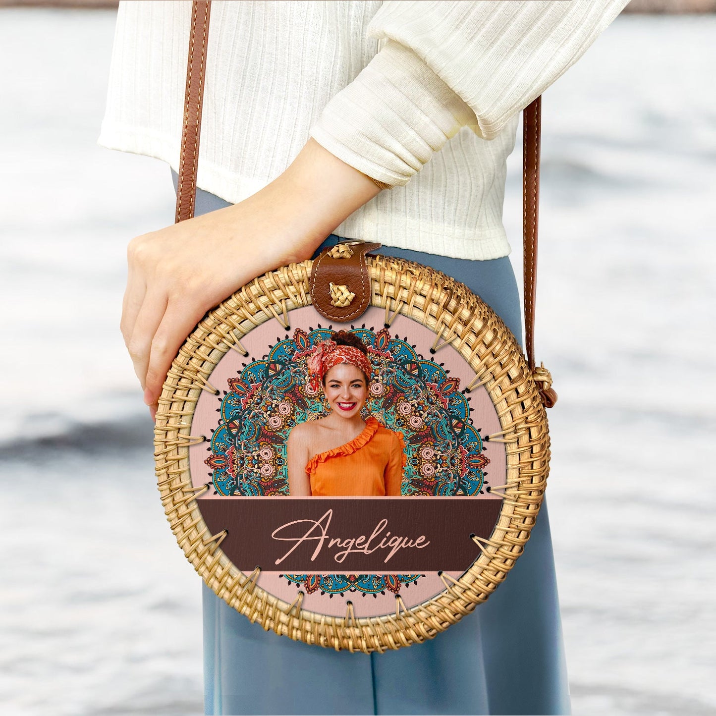 Custom Photo Mandala Hippie Girl - Gift For Her, Travel Lovers - Personalized Custom Round Rattan Bag