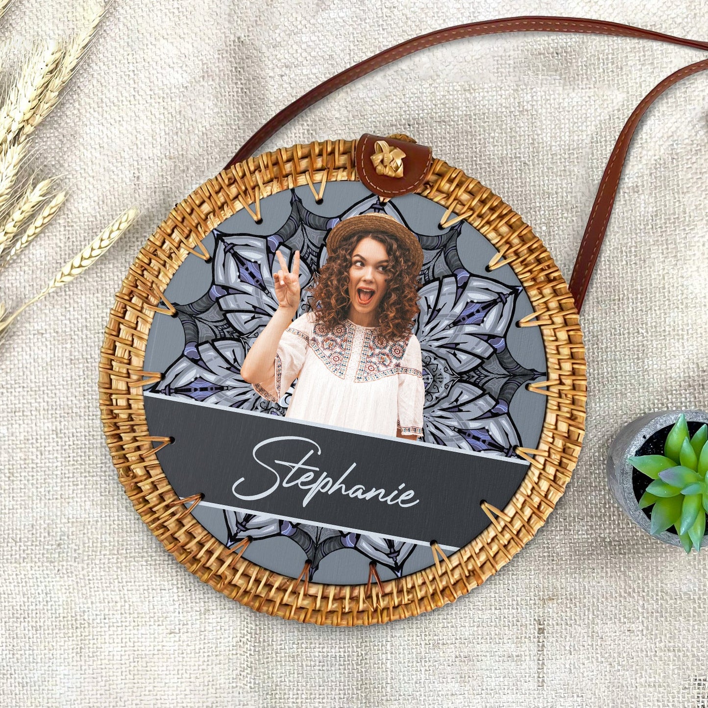 Custom Photo Mandala Hippie Girl - Gift For Her, Travel Lovers - Personalized Custom Round Rattan Bag