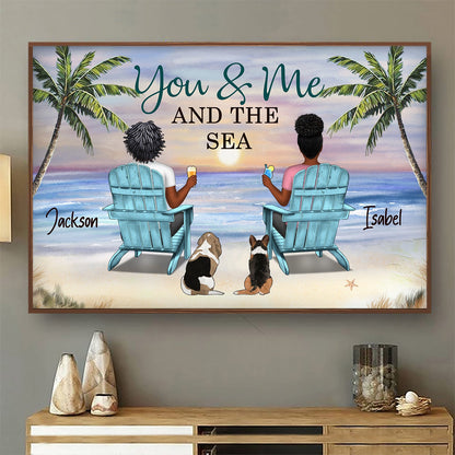 You & Me And The Sea And Dogs Back View Couple Sitting Beach Landscape - Birthday, Anniversary Gift For Husband, Wife, Parents, Dog Lovers - Personalized Poster