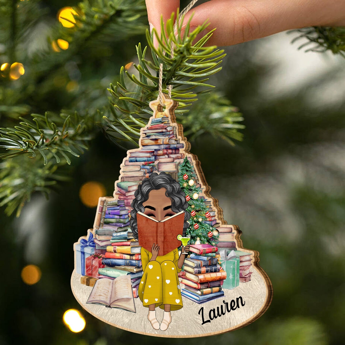 Girl Under Book Christmas Tree - Xmas Gift For Women Who Love Reading Books - Personalized Custom Shaped Wooden Ornament