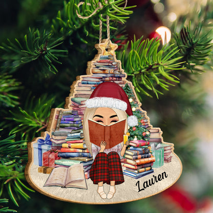 Girl Under Book Christmas Tree - Xmas Gift For Women Who Love Reading Books - Personalized Custom Shaped Wooden Ornament