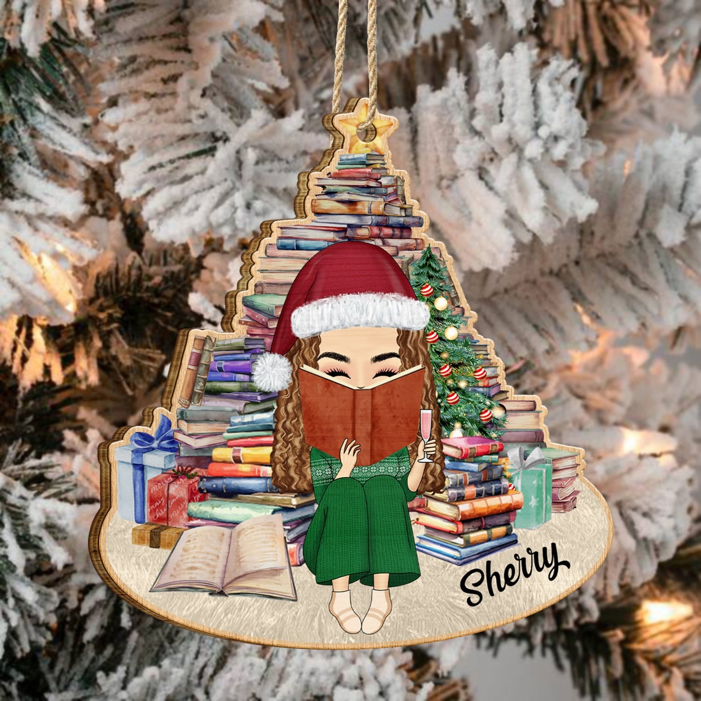 Girl Under Book Christmas Tree - Xmas Gift For Women Who Love Reading Books - Personalized Custom Shaped Wooden Ornament