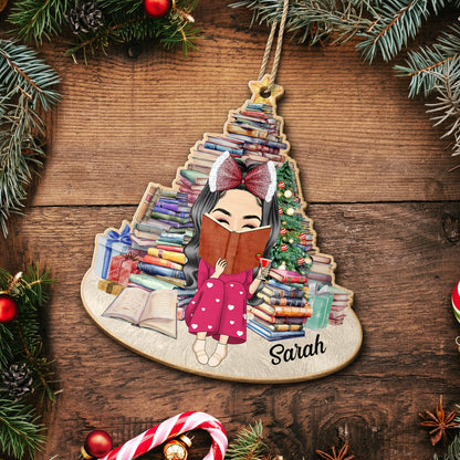 Girl Under Book Christmas Tree - Xmas Gift For Women Who Love Reading Books - Personalized Custom Shaped Wooden Ornament