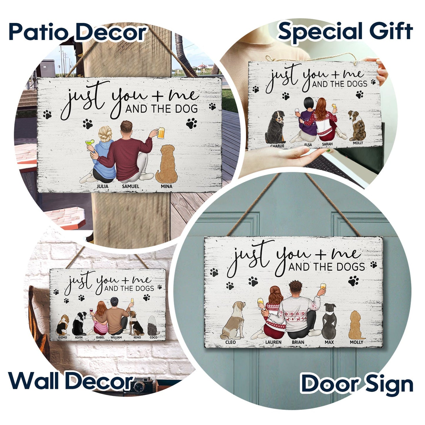 Just You Me And The Dogs - Anniversary Gift For Couples, Dog Lovers - Personalized Wood Rectangle Sign