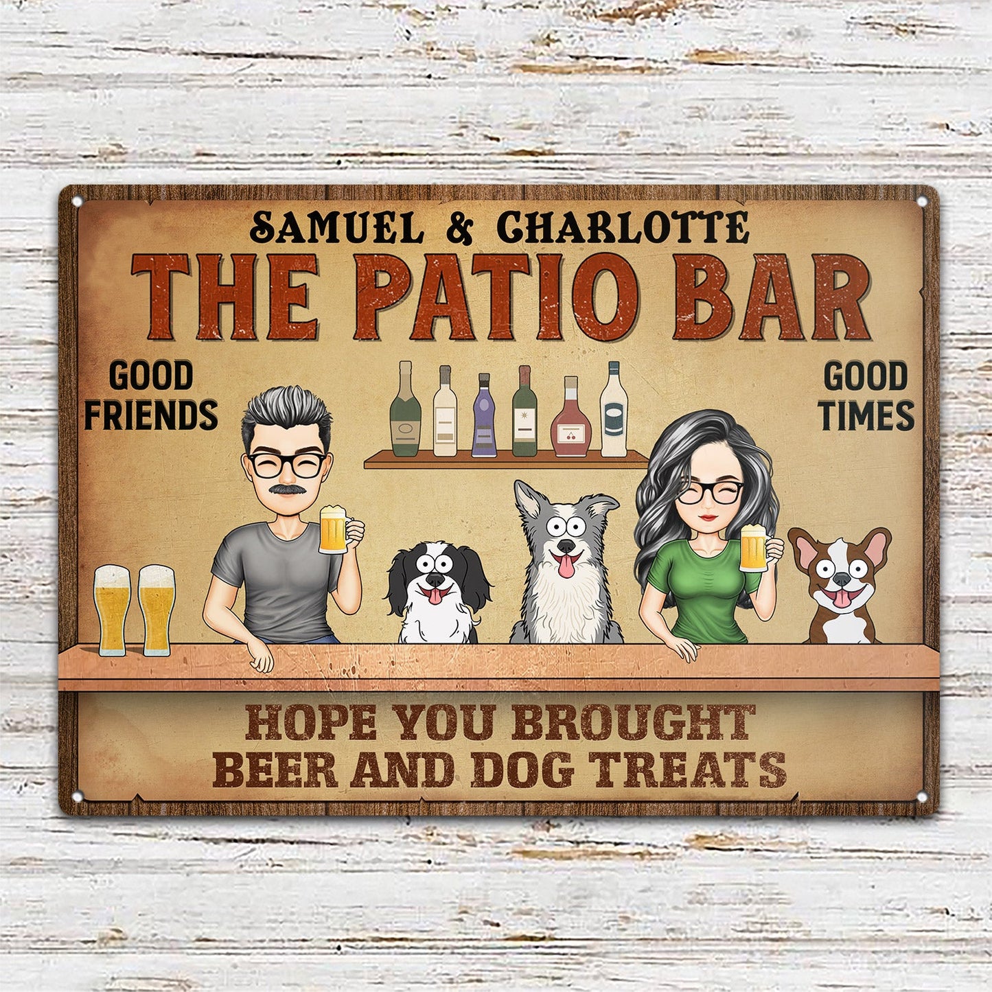 Hope You Brought Cartoon Couple And Dog Cat - Housewarming Gift, Backyard Sign, Patio Decor For Pet Lover - Personalized Classic Metal Signs