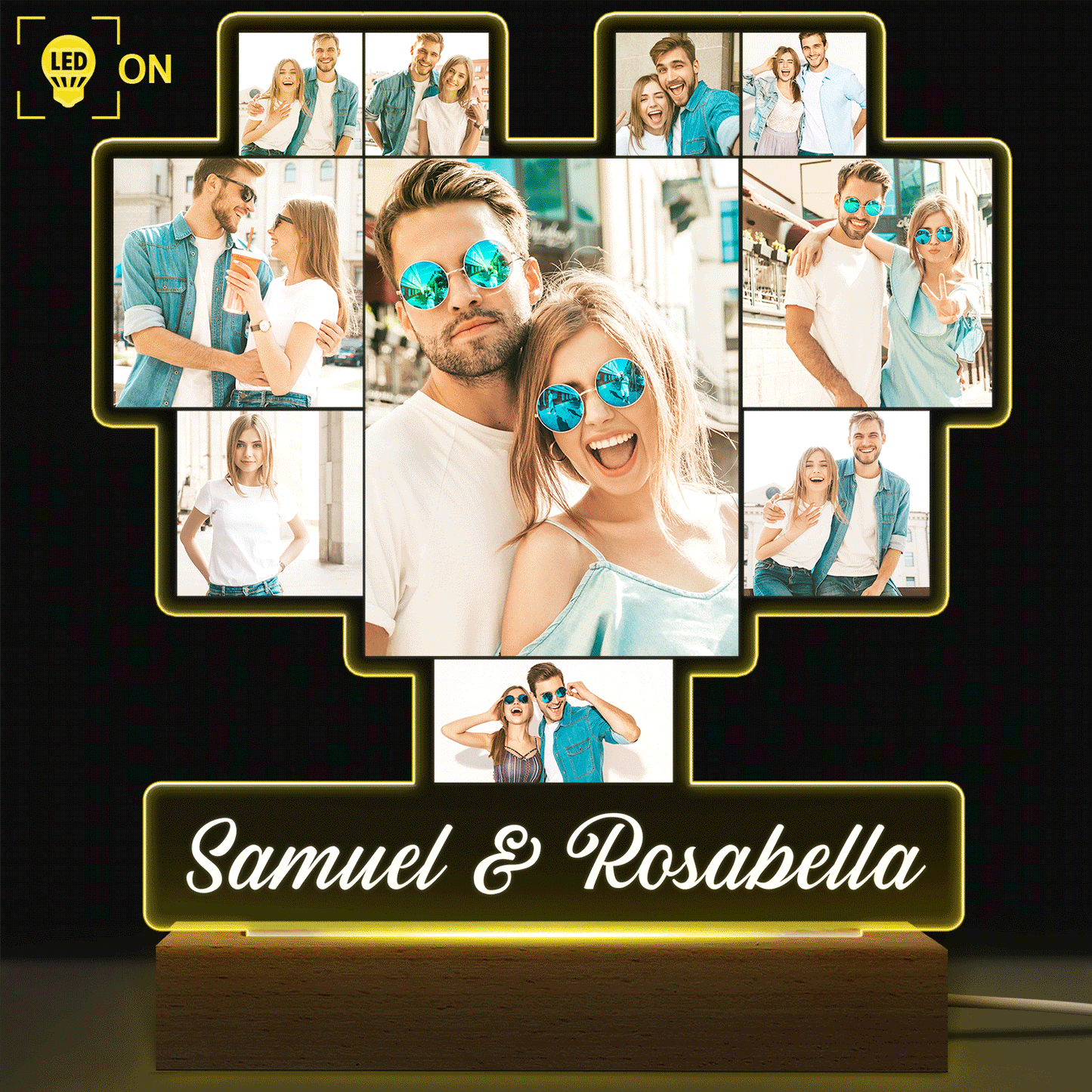 Custom Photo Heart Shaped Album - Birthday, Anniversary Gift For Couple, Husband, Wife - Personalized 3D Led Light Wooden Base