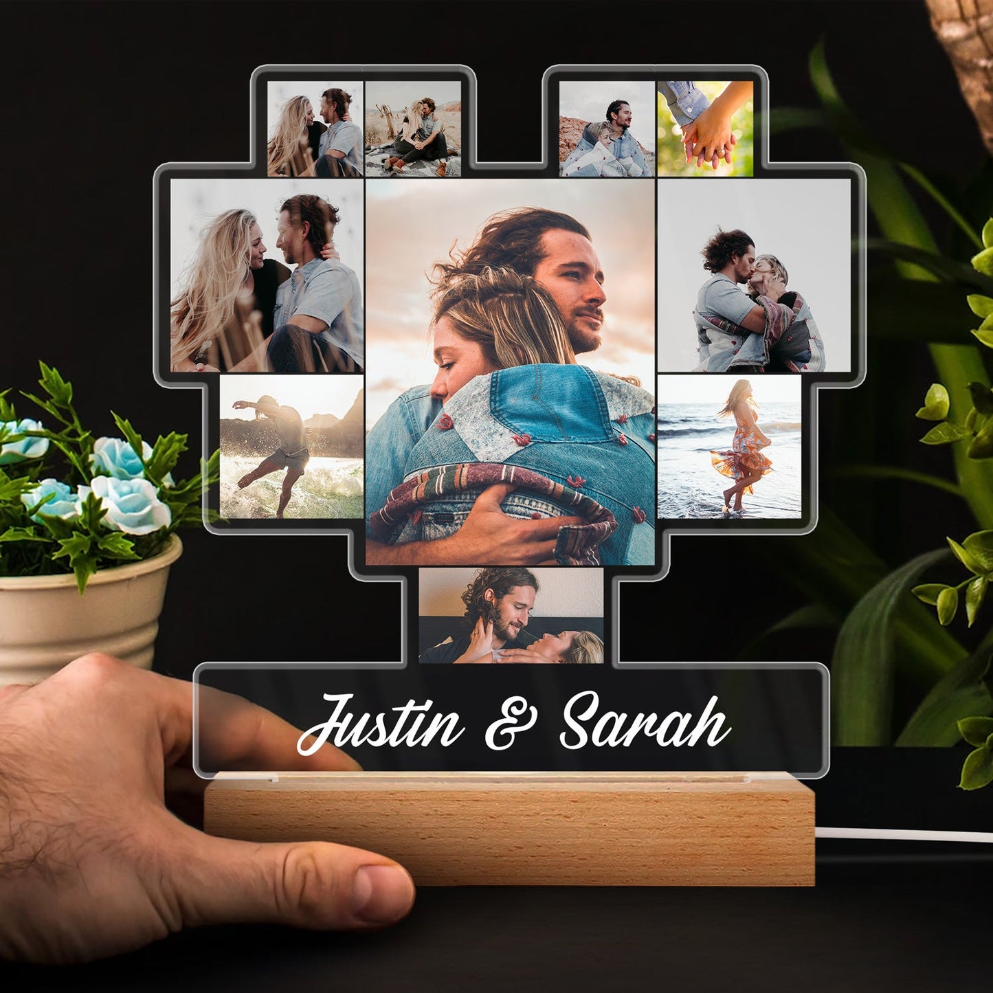 Custom Photo Heart Shaped Album - Birthday, Anniversary Gift For Couple, Husband, Wife - Personalized 3D Led Light Wooden Base