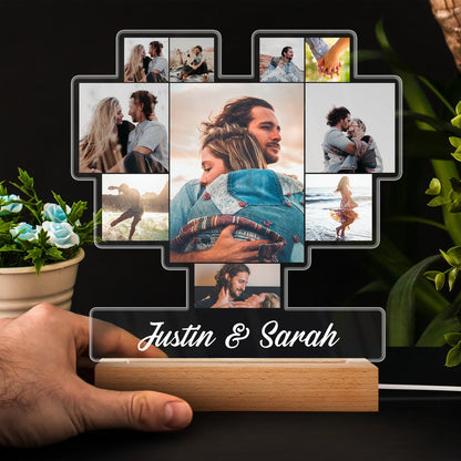 Custom Photo Heart Shaped Album - Birthday, Anniversary Gift For Couple, Husband, Wife - Personalized 3D Led Light Wooden Base