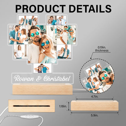 Custom Photo Heart Shaped Album - Birthday, Anniversary Gift For Couple, Husband, Wife - Personalized 3D Led Light Wooden Base