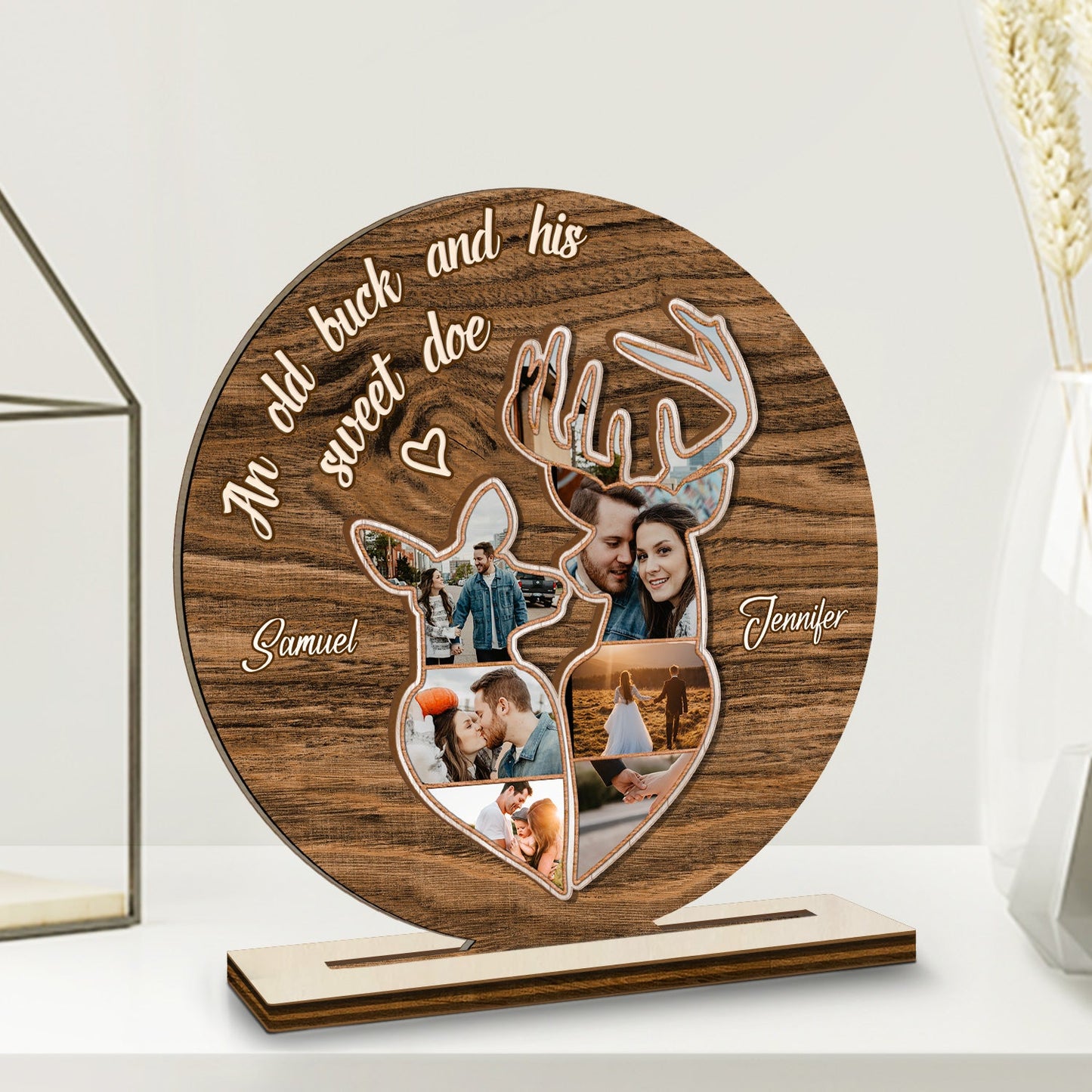 Custom Photo An Old Buck And His Sweet Doe - Birthday, Anniversary Gift For Spouse, Husband, Wife, Couple - Personalized Custom Shaped 2-Layered Wooden Plaque