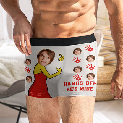 Custom Photo Hands Off He's Mine - Funny Gift For Husband, Boyfriend - Personalized Men's Boxer Briefs