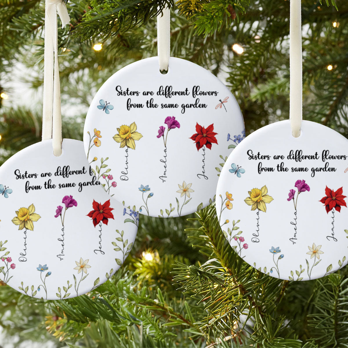 Sisters Are Different Flowers From The Same Garden Personalized Ceramic Ornament, Birthday Christmas Just Because Gift For Sisters, Besties, Memorial Sympathy Keepsake