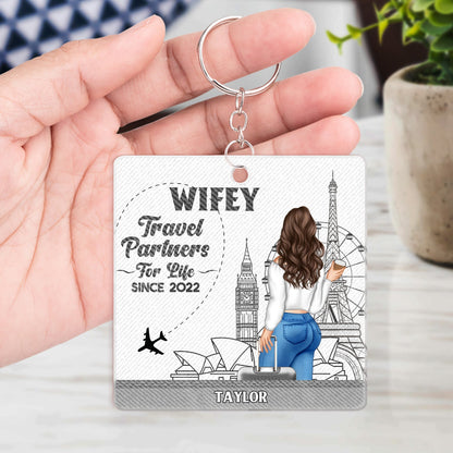 Traveling Couple Hubby & Wifey Travel Partners For Life - Gift For Couples, Traveling Gift - Personalized Acrylic Keychain